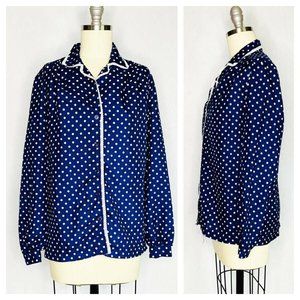 Vintage 70s 80s Poly Montgomery Ward Blouse Size Large Blue Polka Dot Secretary